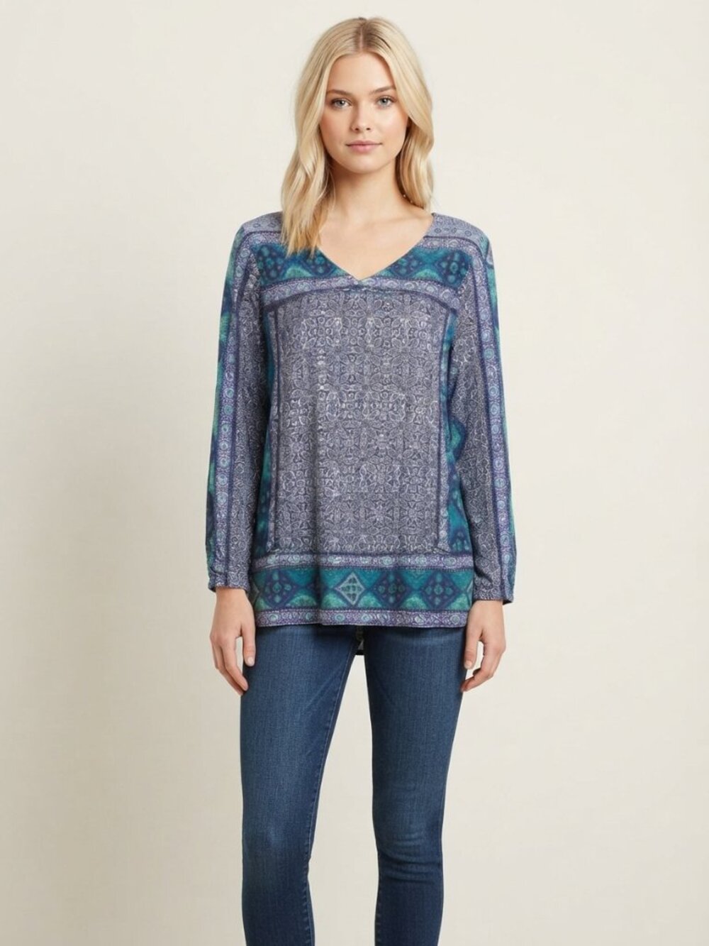 Lucky Brand Mixed Media V-Neck Lattice Trim Boho Tunic Top Blue Multi XL #A4521